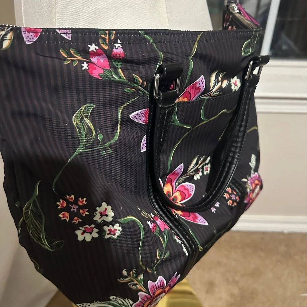 Vera Bradley Floral Pinstripe Crossbody Tote Bag Black Pink Purple Handbag